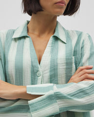 TEAL STRIPE - Cotton Gauze Long Sleeve Notch Collar Pajama Top