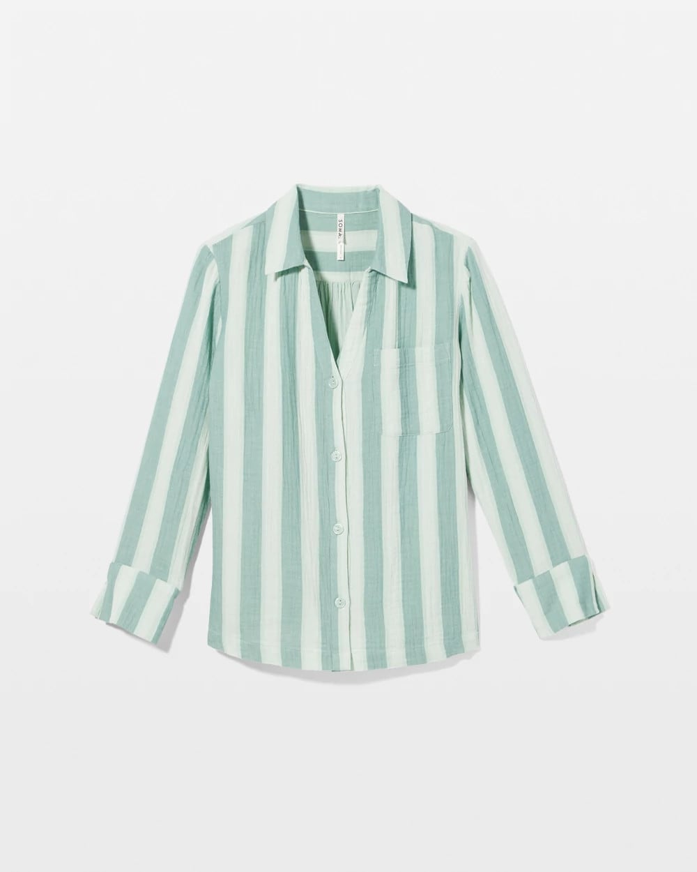TEAL STRIPE - Cotton Gauze Long Sleeve Notch Collar Pajama Top