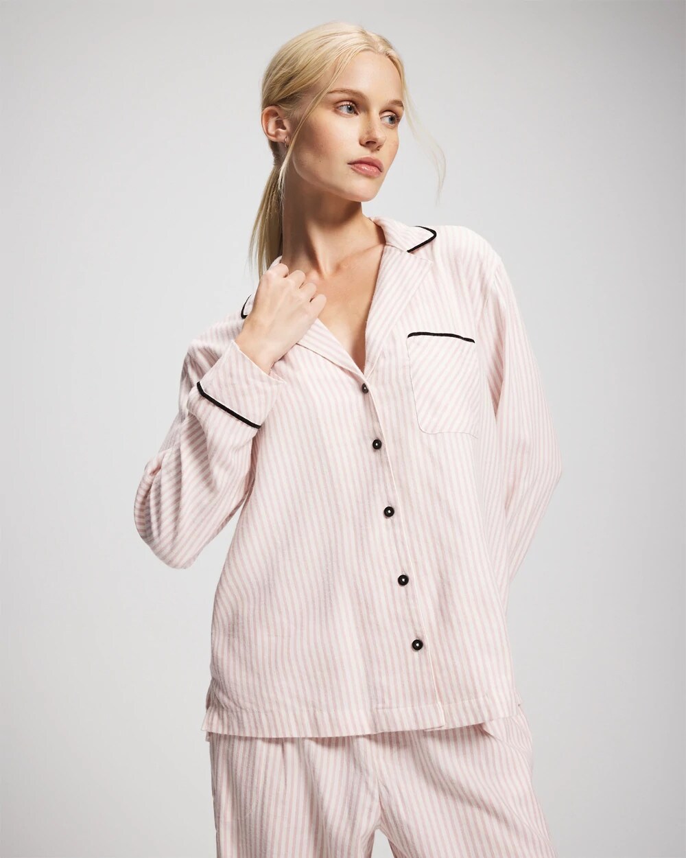 STOCKING STRIPE VERT PINK - Long-Sleeve Notch Collar Pajama Top