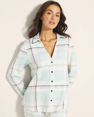 SNUGGLE UP PLAID GREEN - Long-Sleeve Notch Collar Pajama Top