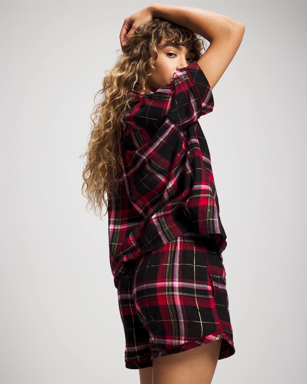 MAD FOR PLAID BLACK - Velvet Piped Boxer Pajama Short