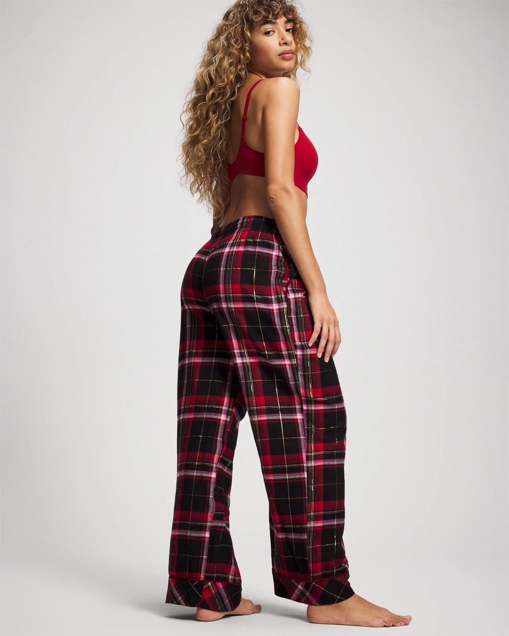 MAD FOR PLAID BLACK - Velvet Piped Relaxed Pajama Pant