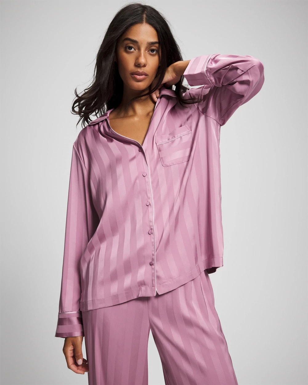 LILAC WINE - Shadow Stripe Long Sleeve Pajama Notch Collar Top