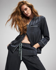 PETROL - Shadow Stripe Long Sleeve Pajama Notch Collar Top