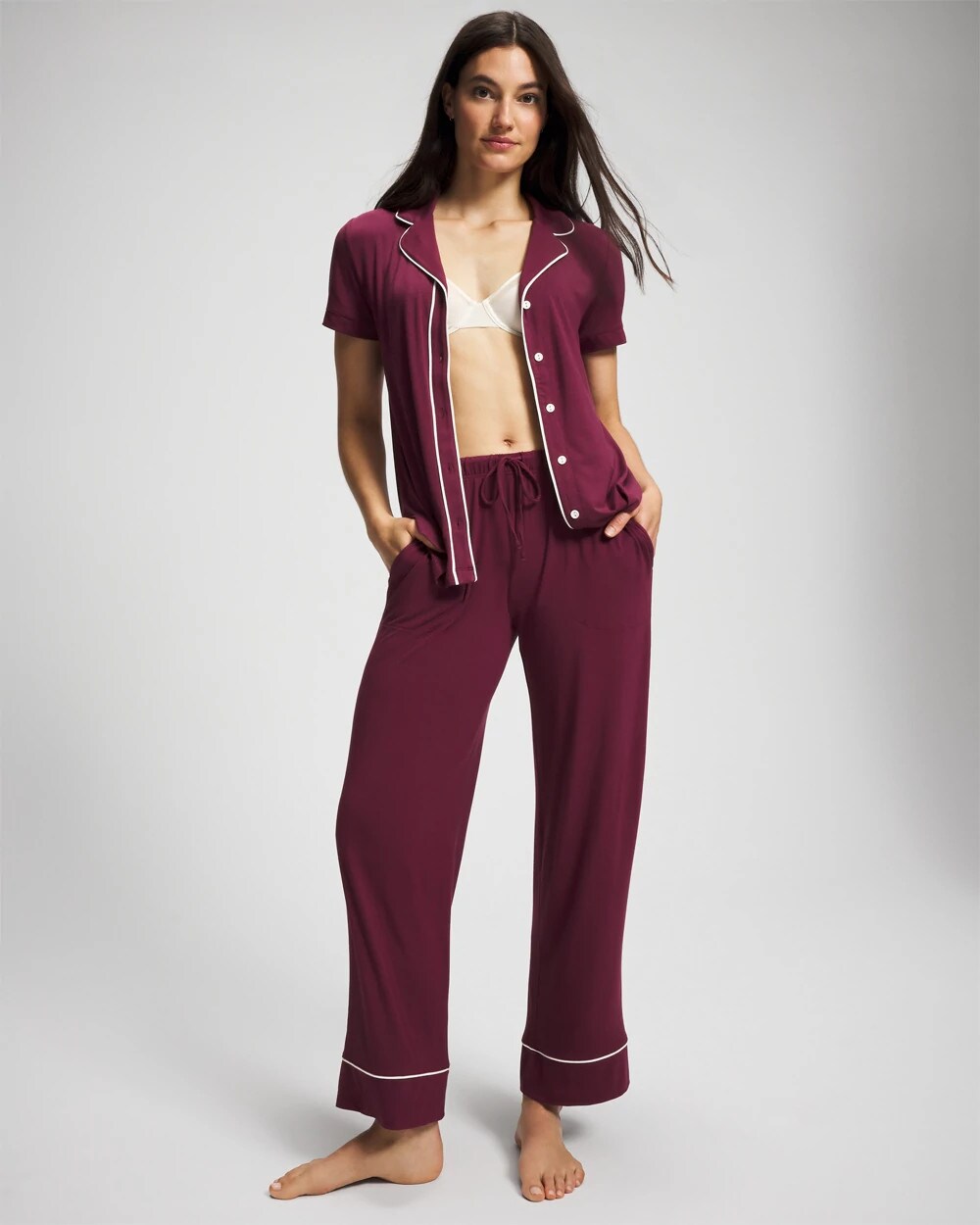VELVET PLUM - Solid Short Sleeve Notch Collar Pajama Top