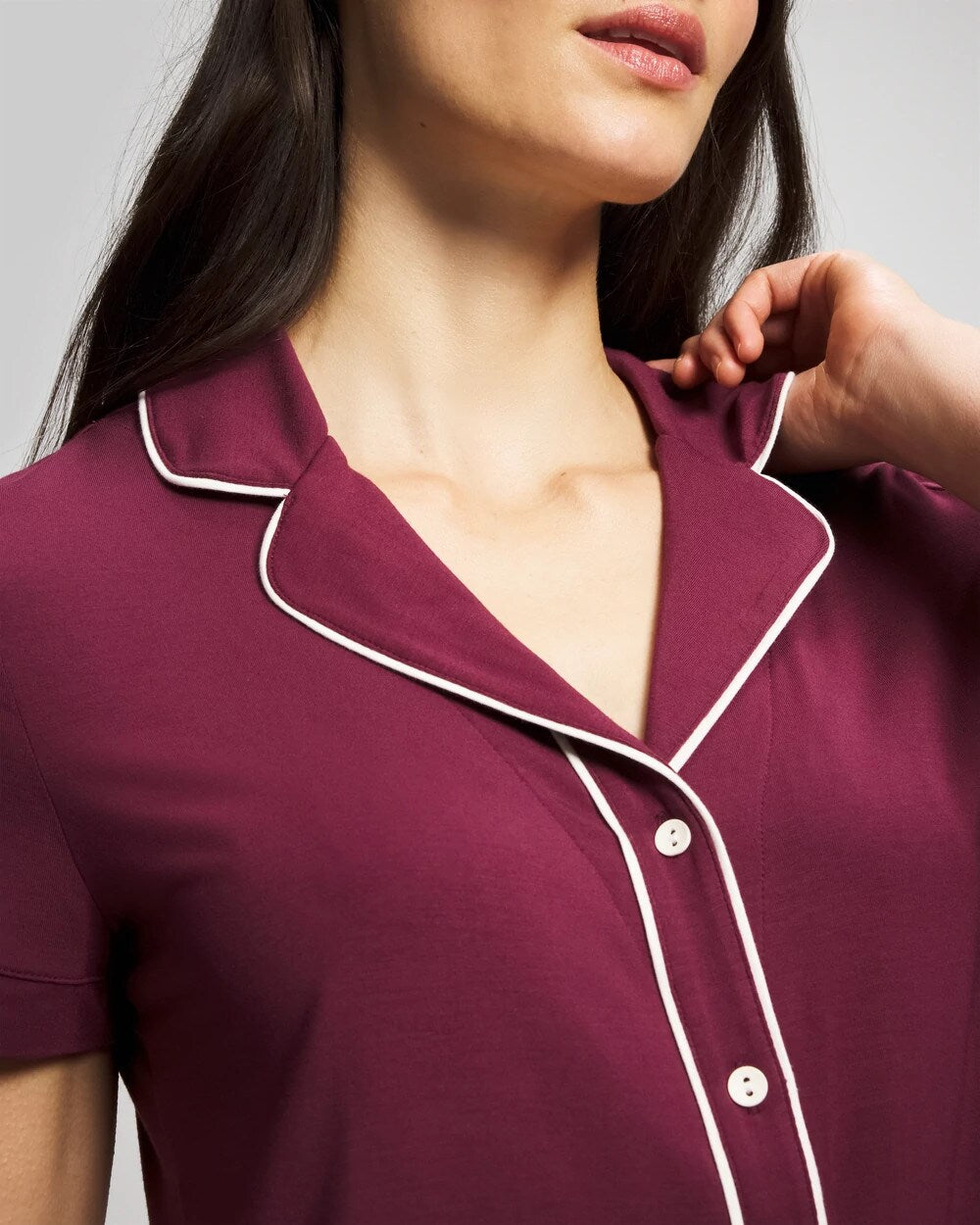 VELVET PLUM - Solid Short Sleeve Notch Collar Pajama Top