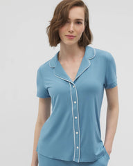 BLUE HEAVEN - Solid Short Sleeve Notch Collar Pajama Top
