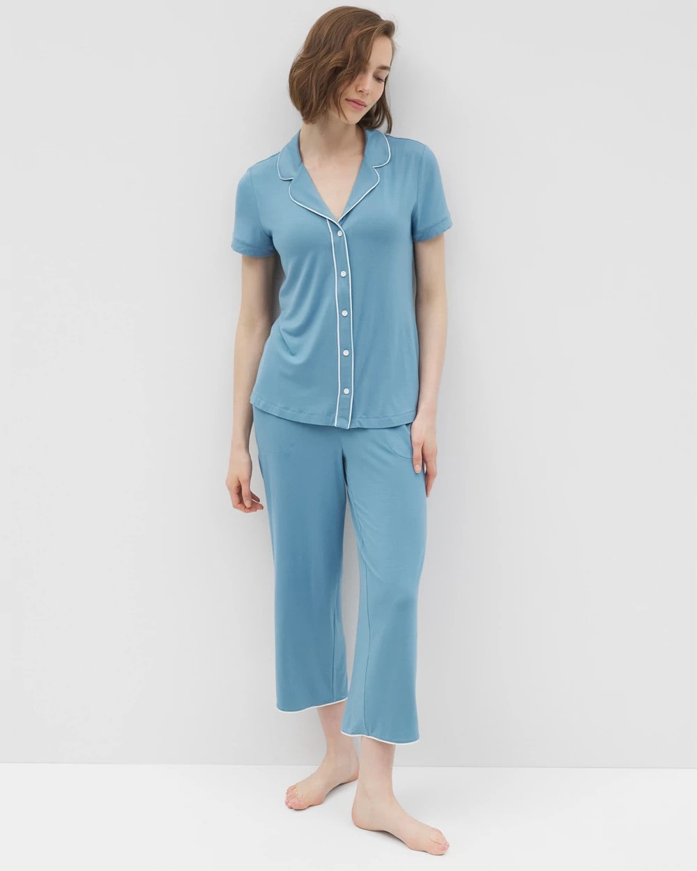BLUE HEAVEN - Solid Short Sleeve Notch Collar Pajama Top