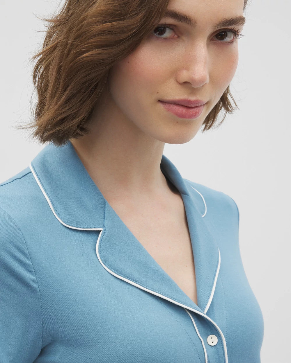 BLUE HEAVEN - Solid Short Sleeve Notch Collar Pajama Top