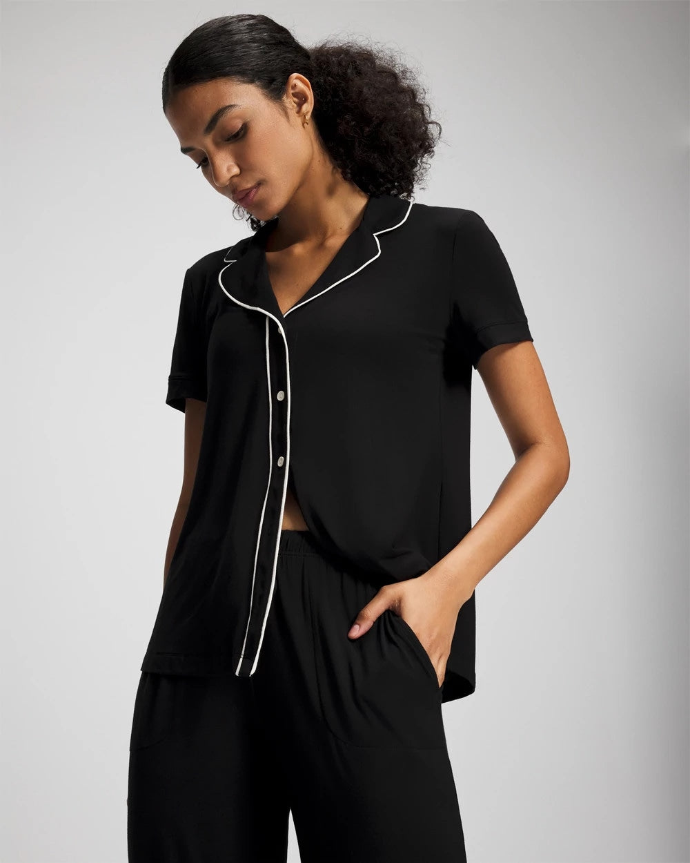 BLACK - Solid Short Sleeve Notch Collar Pajama Top