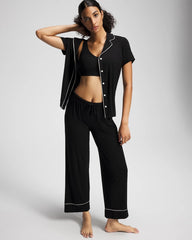 BLACK - Solid Short Sleeve Notch Collar Pajama Top
