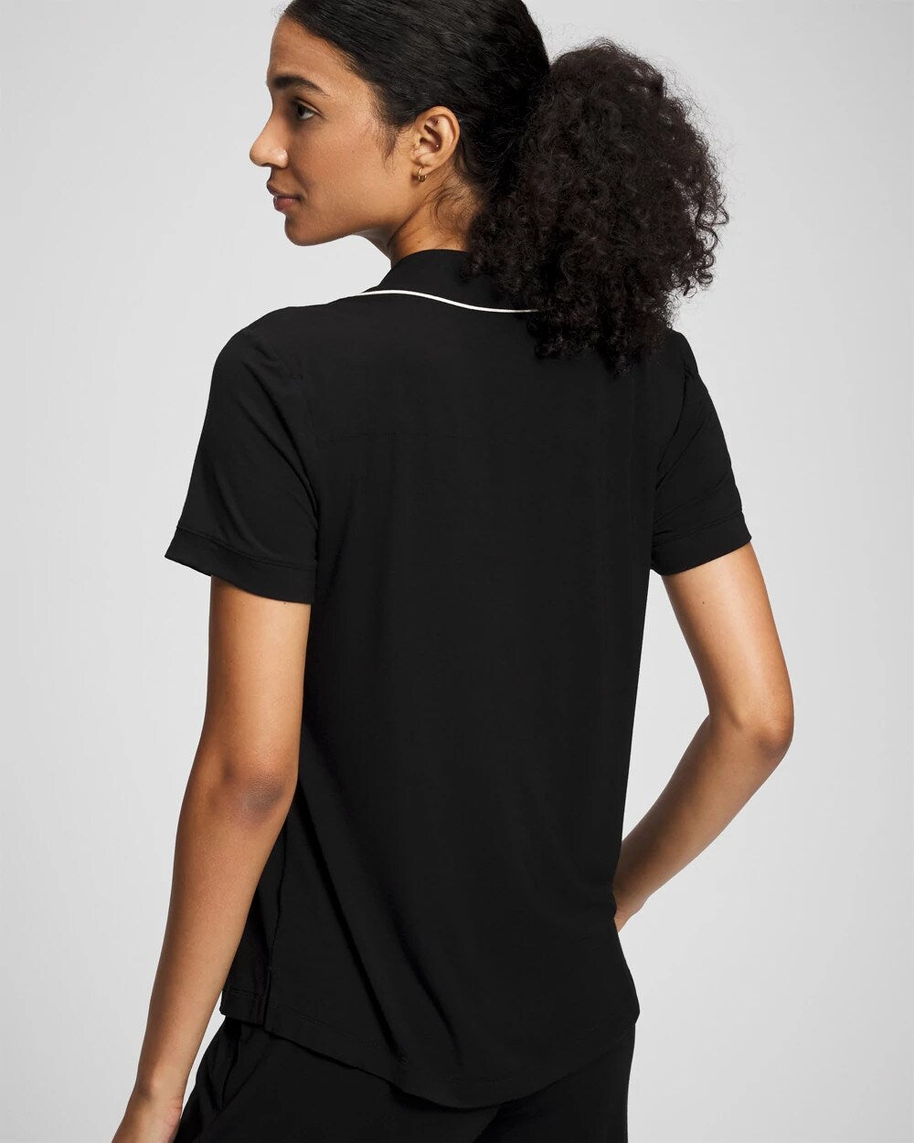 BLACK - Solid Short Sleeve Notch Collar Pajama Top