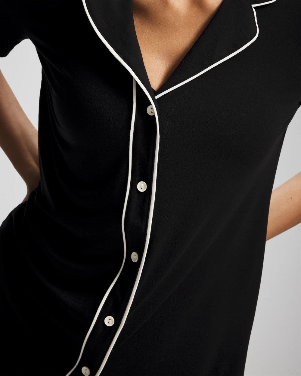 BLACK - Solid Short Sleeve Notch Collar Pajama Top