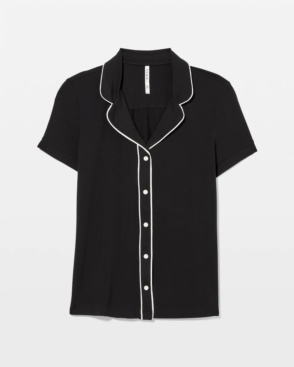BLACK - Solid Short Sleeve Notch Collar Pajama Top