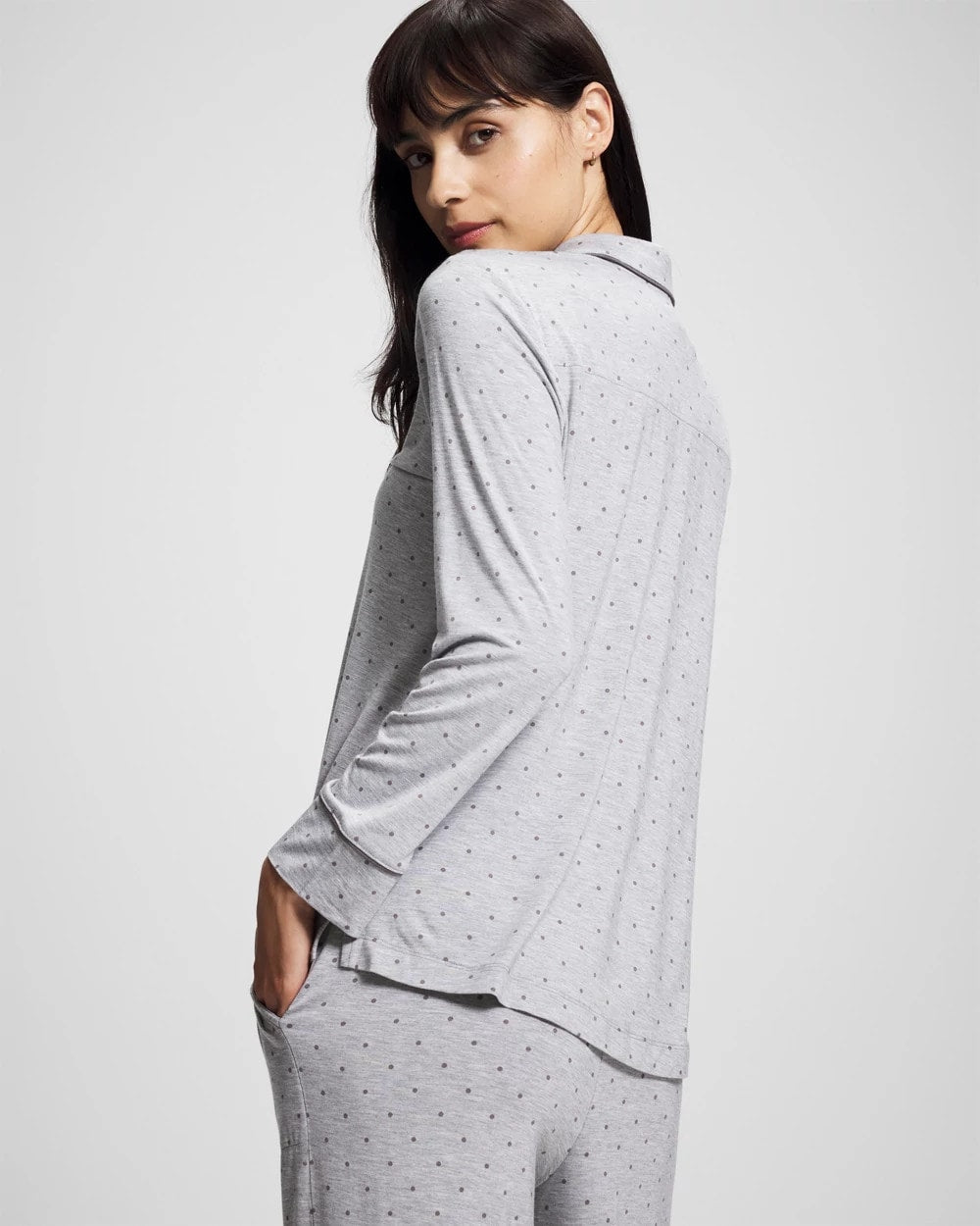 PEACEFUL DOT HEATHER - Long-Sleeve Printed Notch Collar Pajama Top