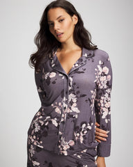 FLORAL DREAMS GRAY - Long-Sleeve Printed Notch Collar Pajama Top
