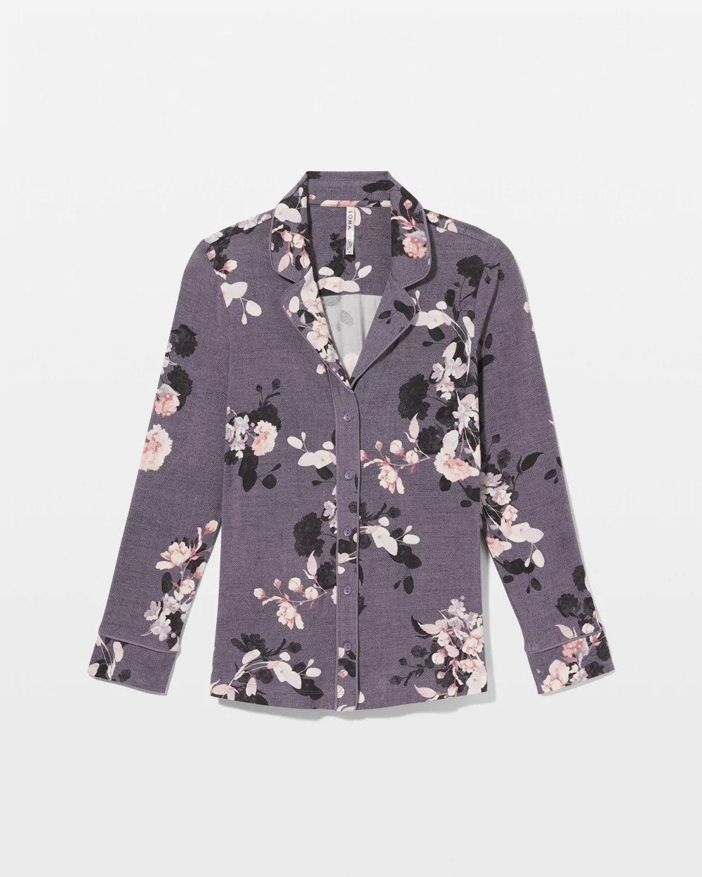 FLORAL DREAMS GRAY - Long-Sleeve Printed Notch Collar Pajama Top