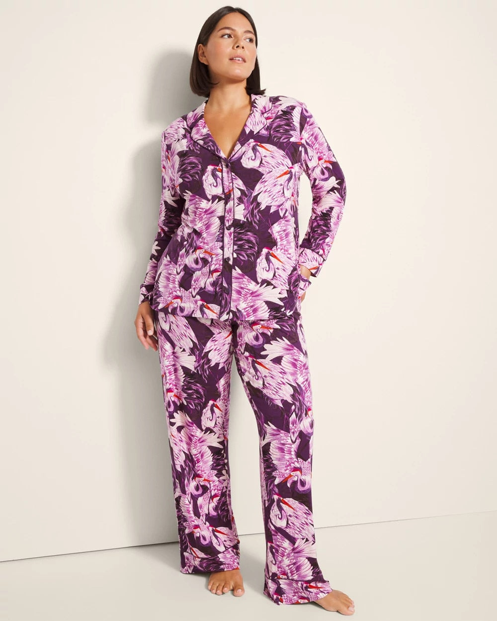 COURTING CRANES BLKBRY - Long-Sleeve Printed Notch Collar Pajama Top