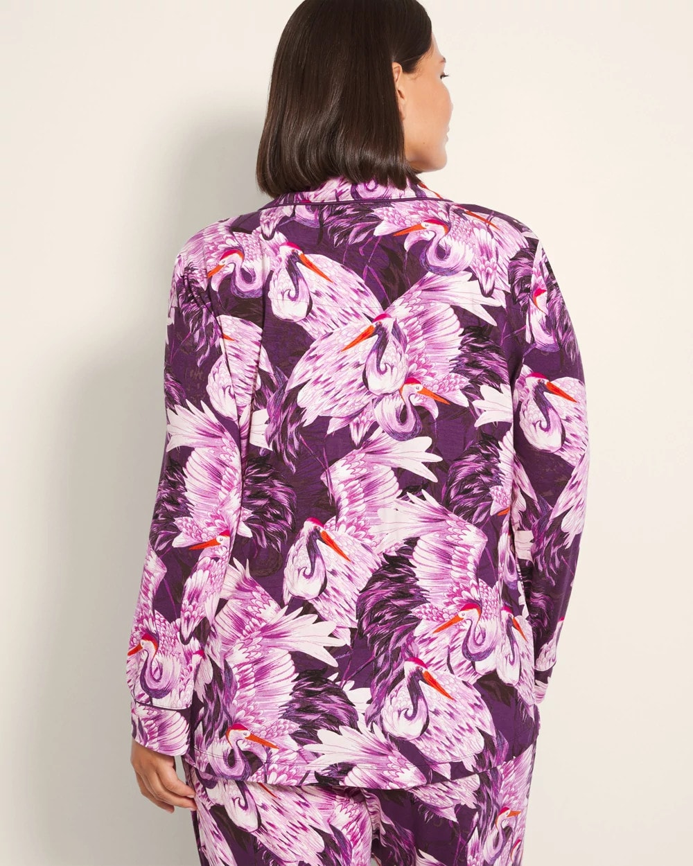 COURTING CRANES BLKBRY - Long-Sleeve Printed Notch Collar Pajama Top