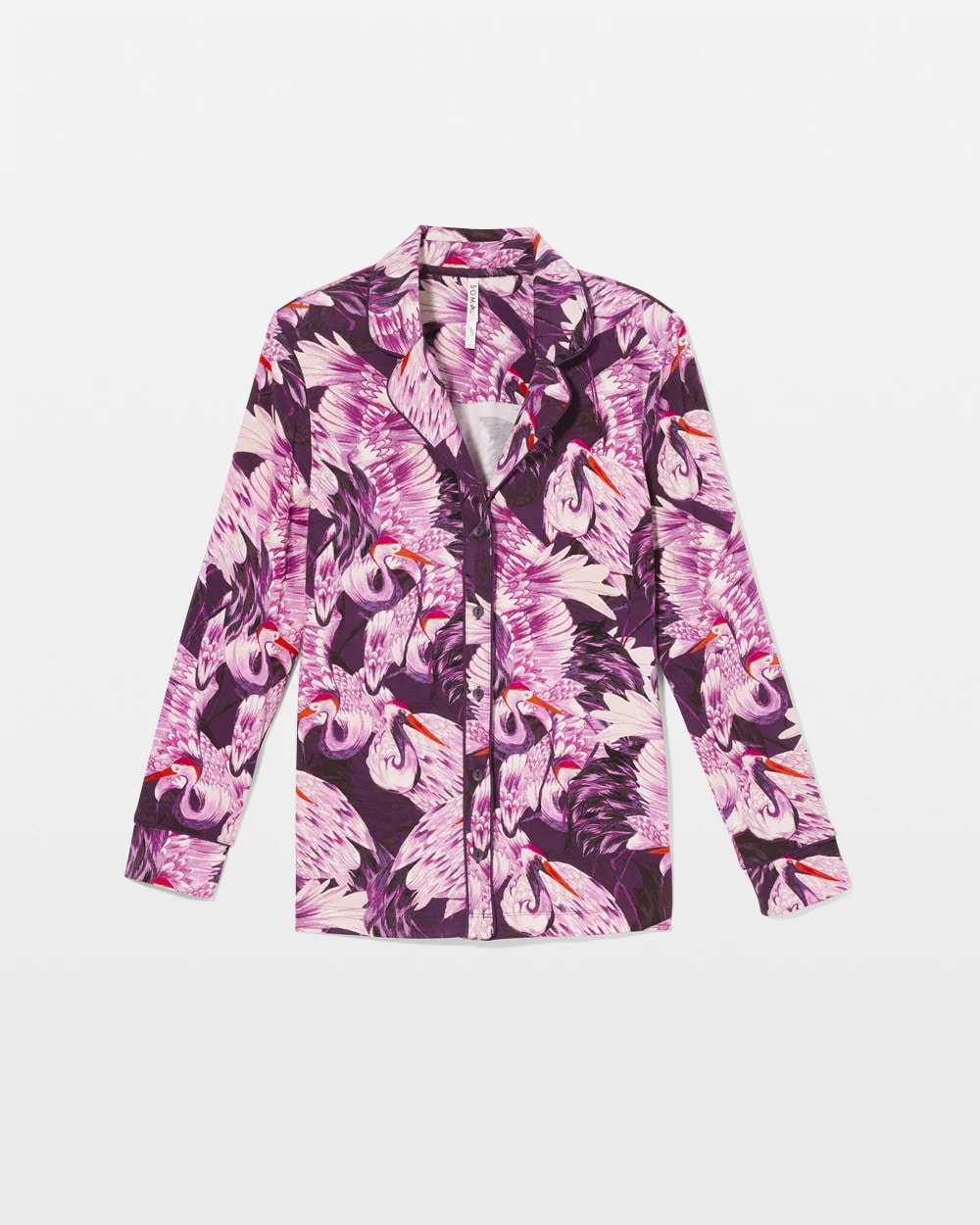 COURTING CRANES BLKBRY - Long-Sleeve Printed Notch Collar Pajama Top