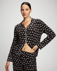 PEACEFUL PETALS BLACK - Long-Sleeve Printed Notch Collar Pajama Top