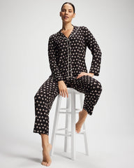 PEACEFUL PETALS BLACK - Long-Sleeve Printed Notch Collar Pajama Top