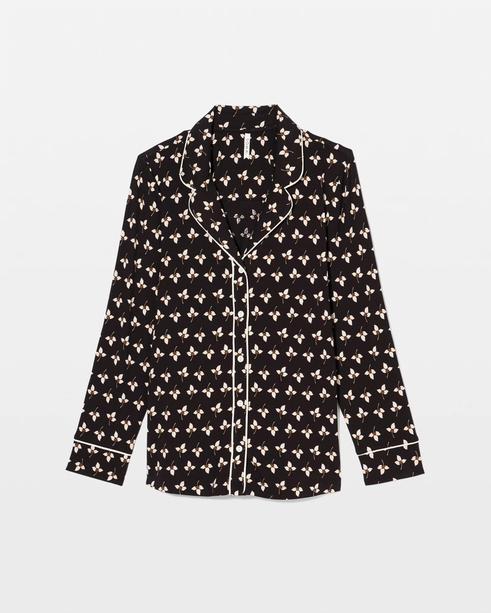 PEACEFUL PETALS BLACK - Long-Sleeve Printed Notch Collar Pajama Top