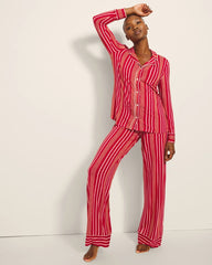 ASPEN STRIPE RED - Long-Sleeve Printed Notch Collar Pajama Top