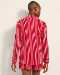ASPEN STRIPE RED - Long-Sleeve Printed Notch Collar Pajama Top