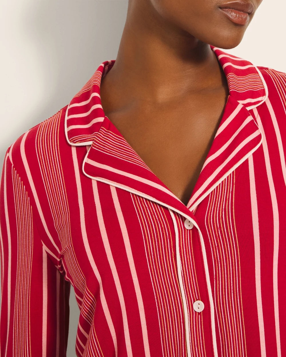 ASPEN STRIPE RED - Long-Sleeve Printed Notch Collar Pajama Top