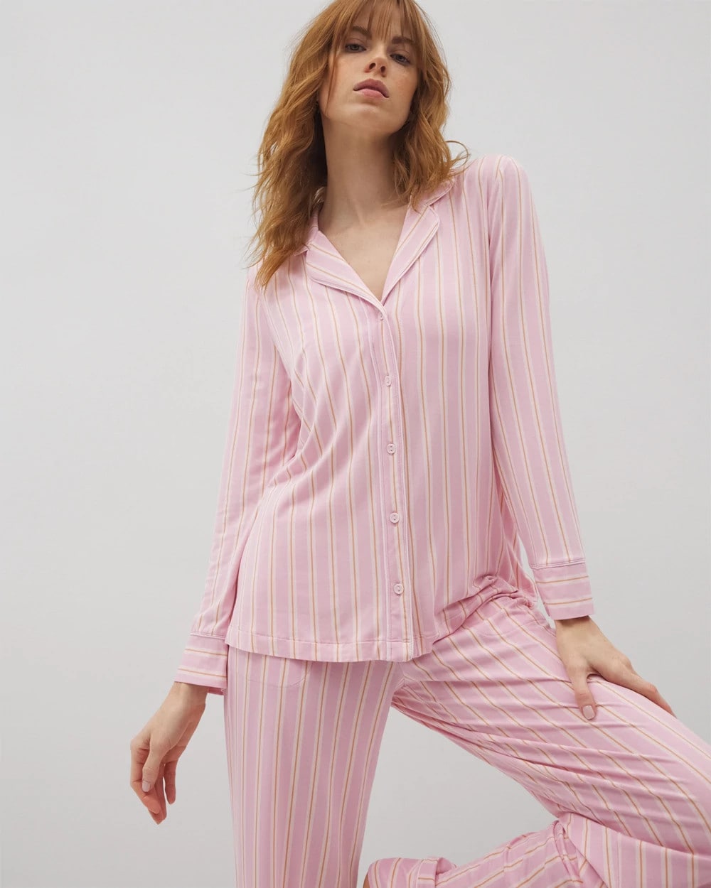 BLISS STRIPE LAVENDER - Long-Sleeve Printed Notch Collar Pajama Top