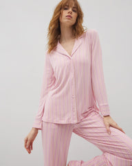 BLISS STRIPE LAVENDER - Long-Sleeve Printed Notch Collar Pajama Top