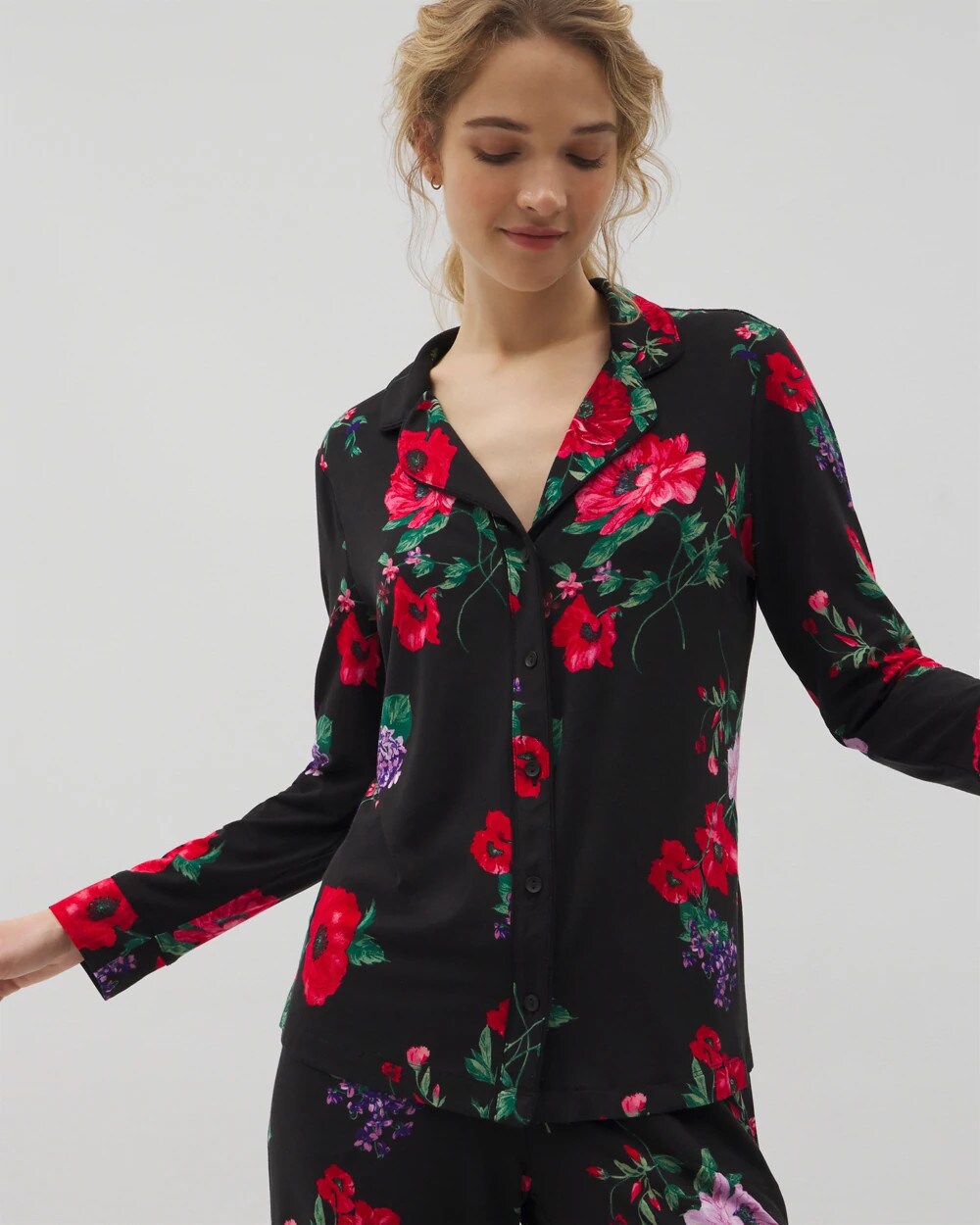 RHAPSODY FLORA BLACK - Long-Sleeve Printed Notch Collar Pajama Top