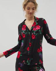 RHAPSODY FLORA BLACK - Long-Sleeve Printed Notch Collar Pajama Top