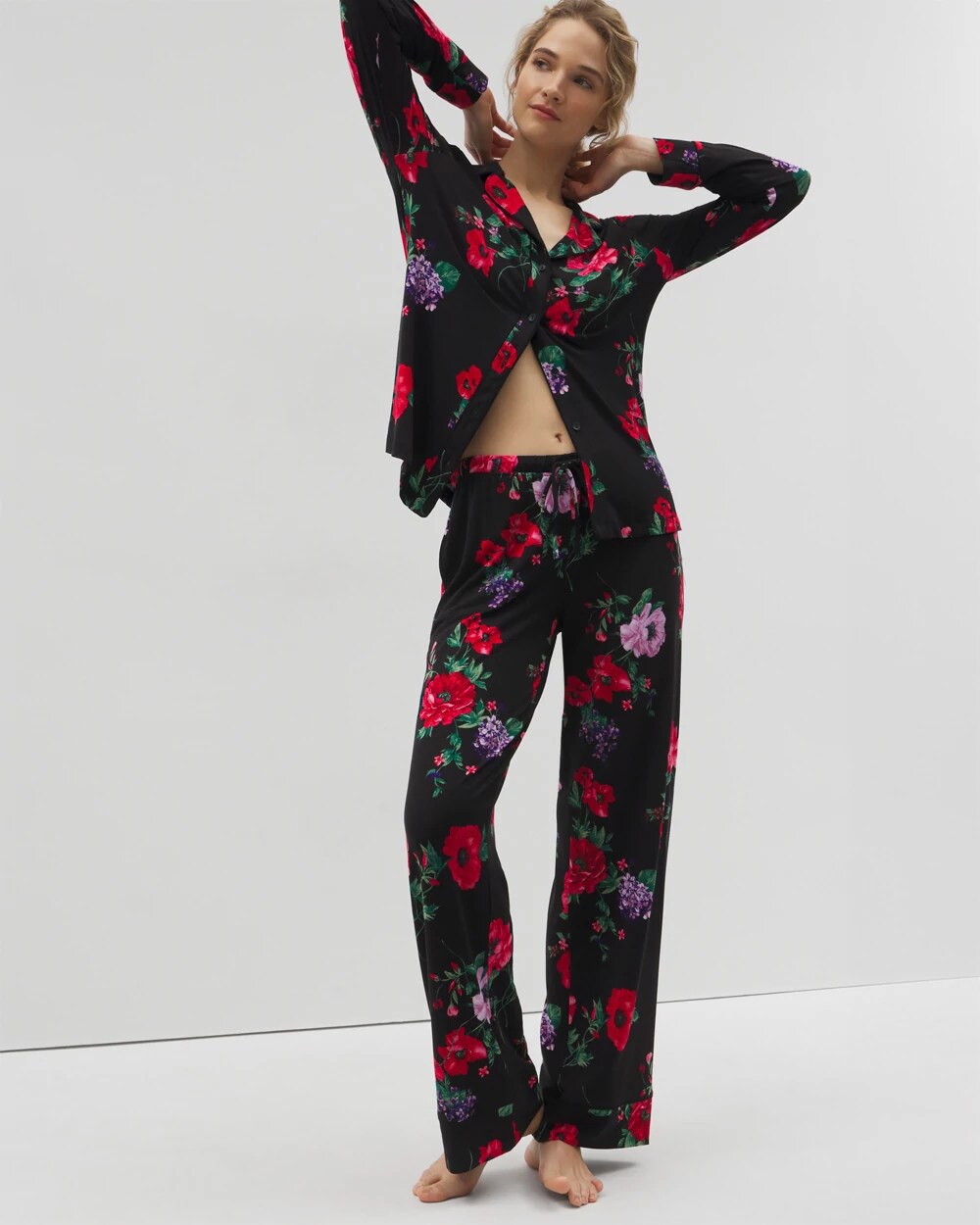 RHAPSODY FLORA BLACK - Long-Sleeve Printed Notch Collar Pajama Top