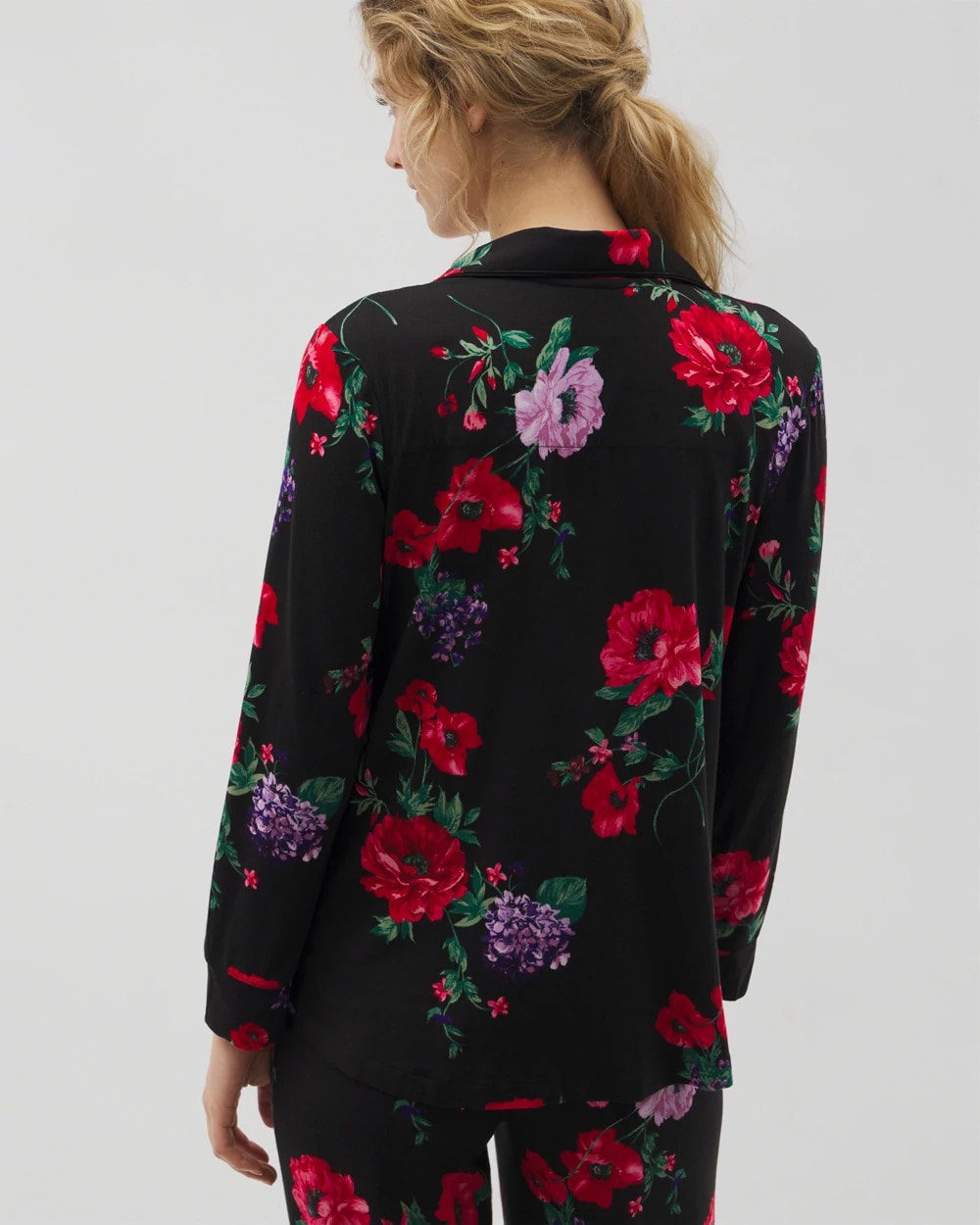 RHAPSODY FLORA BLACK - Long-Sleeve Printed Notch Collar Pajama Top