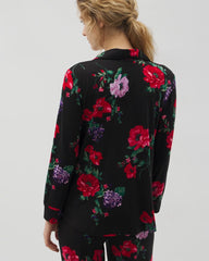 RHAPSODY FLORA BLACK - Long-Sleeve Printed Notch Collar Pajama Top