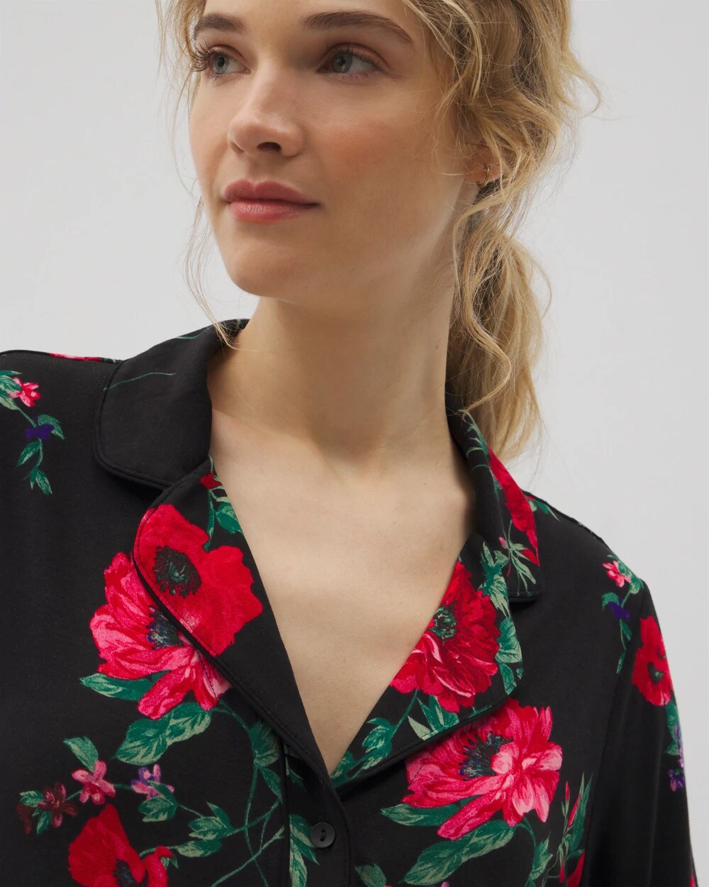 RHAPSODY FLORA BLACK - Long-Sleeve Printed Notch Collar Pajama Top