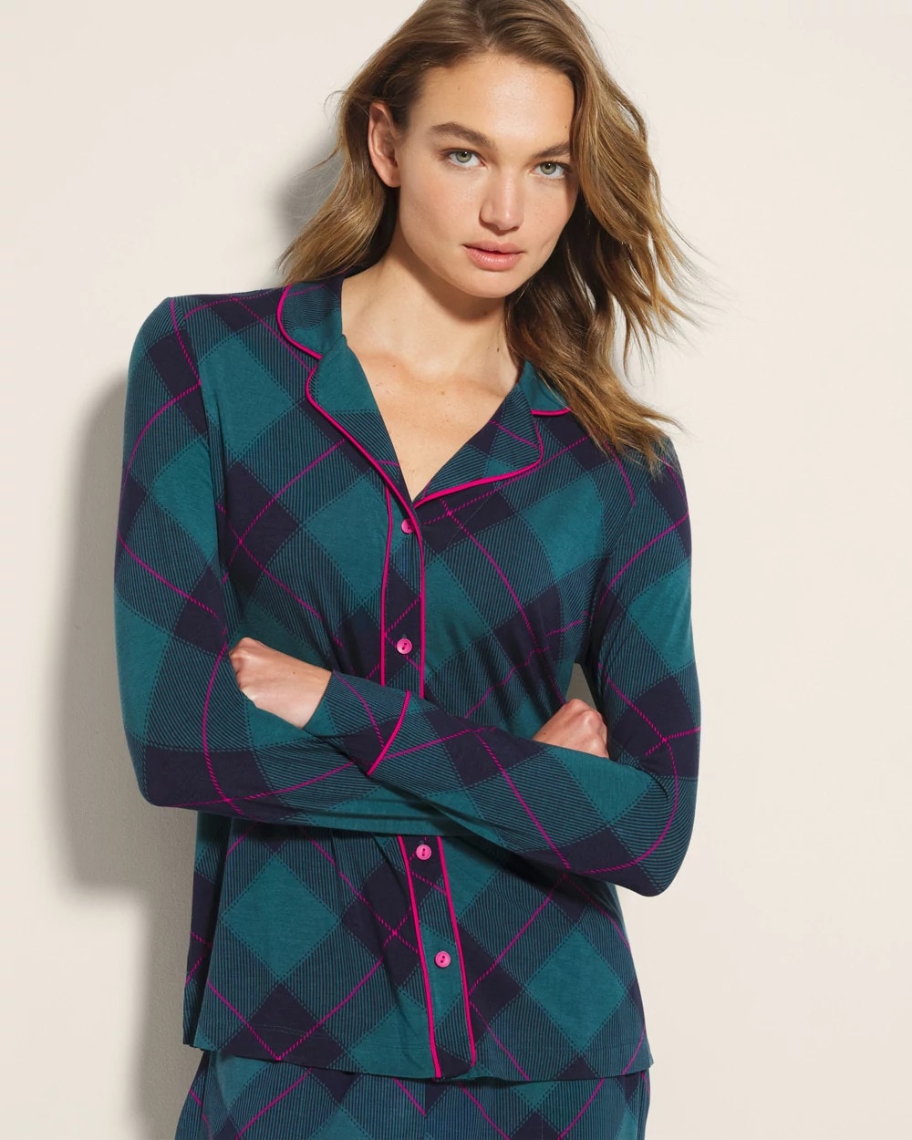 BUNDLE UP PLAID BIAS TEAL - Long-Sleeve Printed Notch Collar Pajama Top