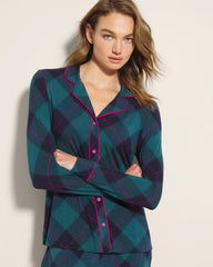 BUNDLE UP PLAID BIAS TEAL - Long-Sleeve Printed Notch Collar Pajama Top