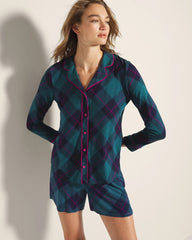 BUNDLE UP PLAID BIAS TEAL - Long-Sleeve Printed Notch Collar Pajama Top