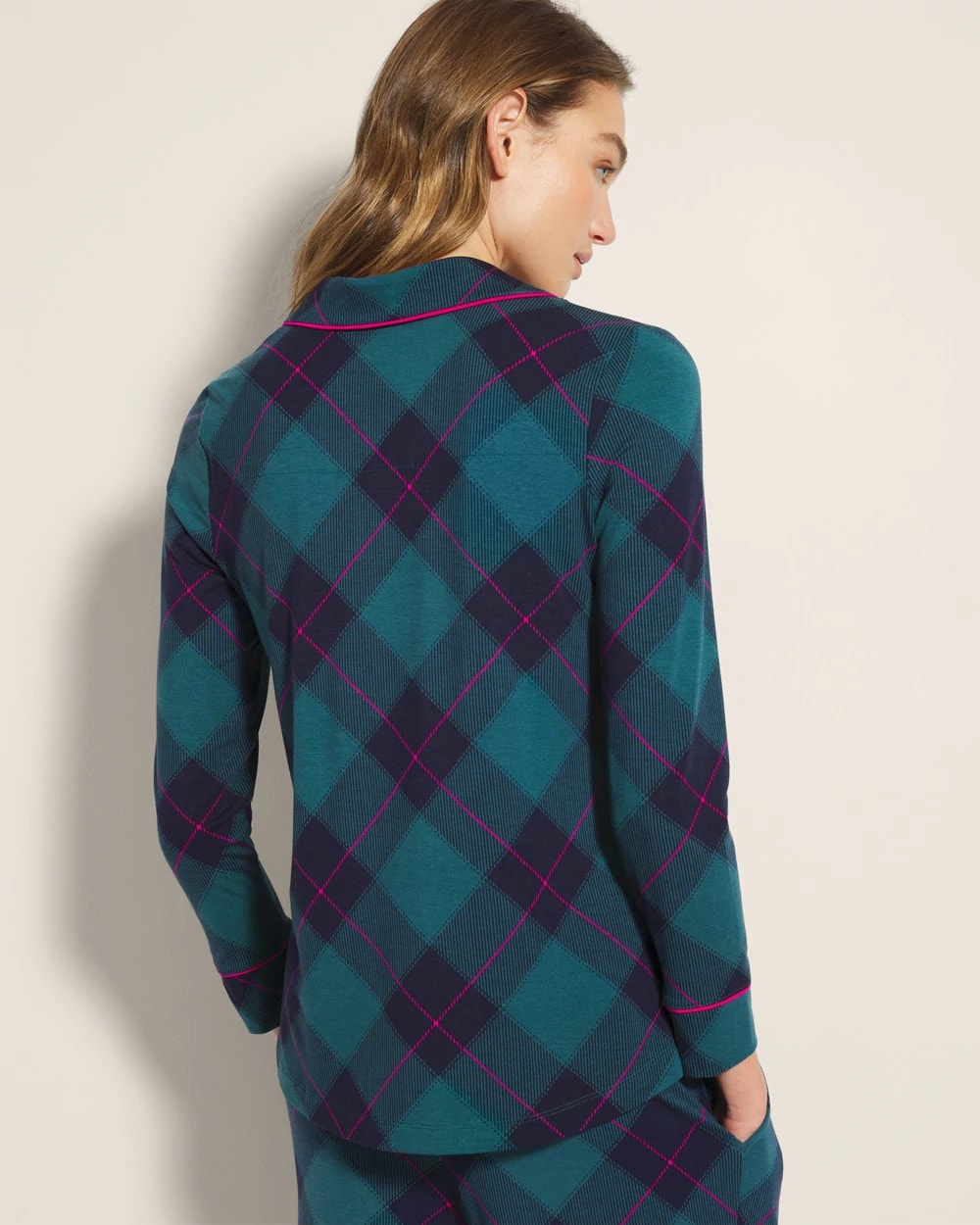 BUNDLE UP PLAID BIAS TEAL - Long-Sleeve Printed Notch Collar Pajama Top