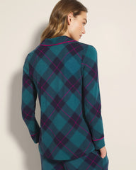 BUNDLE UP PLAID BIAS TEAL - Long-Sleeve Printed Notch Collar Pajama Top