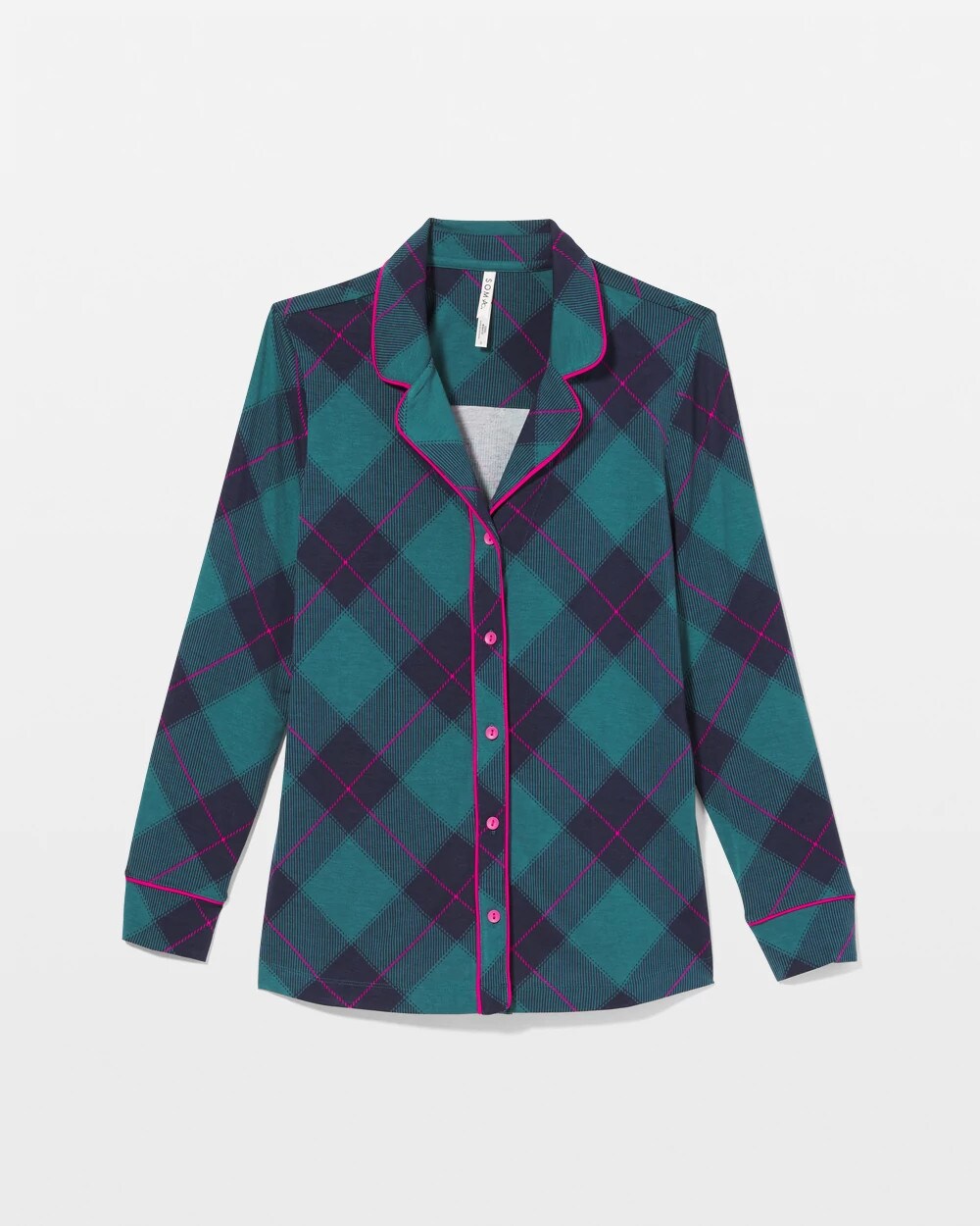 BUNDLE UP PLAID BIAS TEAL - Long-Sleeve Printed Notch Collar Pajama Top