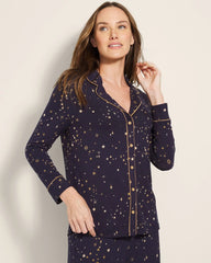 READY TO GLOW NAVY - Long-Sleeve Printed Notch Collar Pajama Top