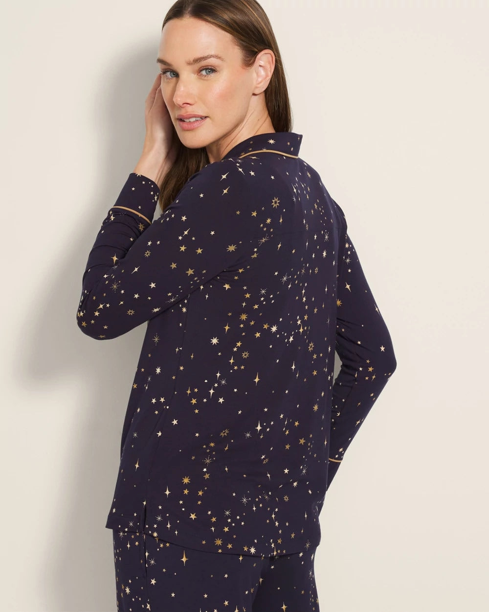 READY TO GLOW NAVY - Long-Sleeve Printed Notch Collar Pajama Top