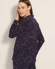 READY TO GLOW NAVY - Long-Sleeve Printed Notch Collar Pajama Top