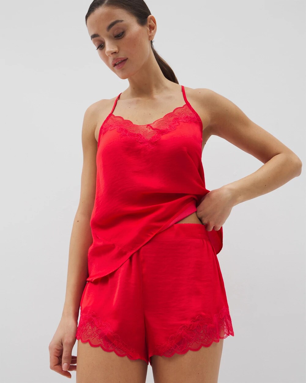 DARE ME RED - Lace Trim Pajama Shorts
