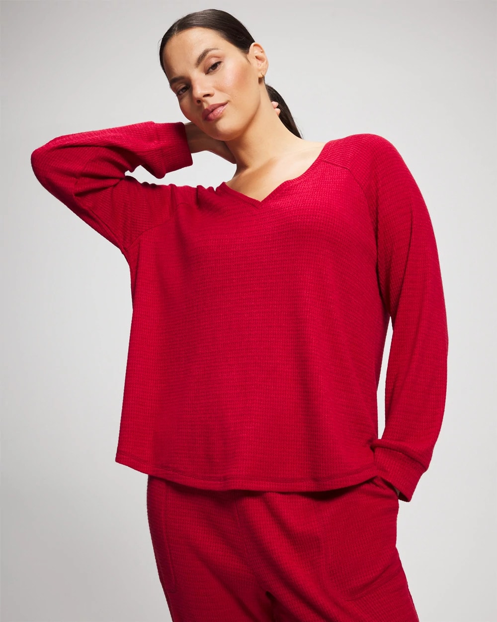 PAINT THE TOWN RED - Cozy Waffle Long Sleeve V-Neck Pajama Top