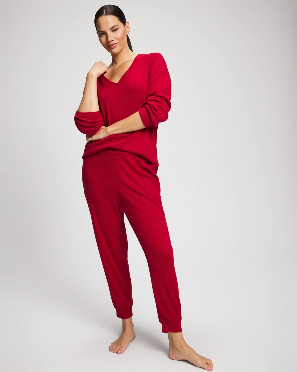 PAINT THE TOWN RED - Cozy Waffle Long Sleeve V-Neck Pajama Top